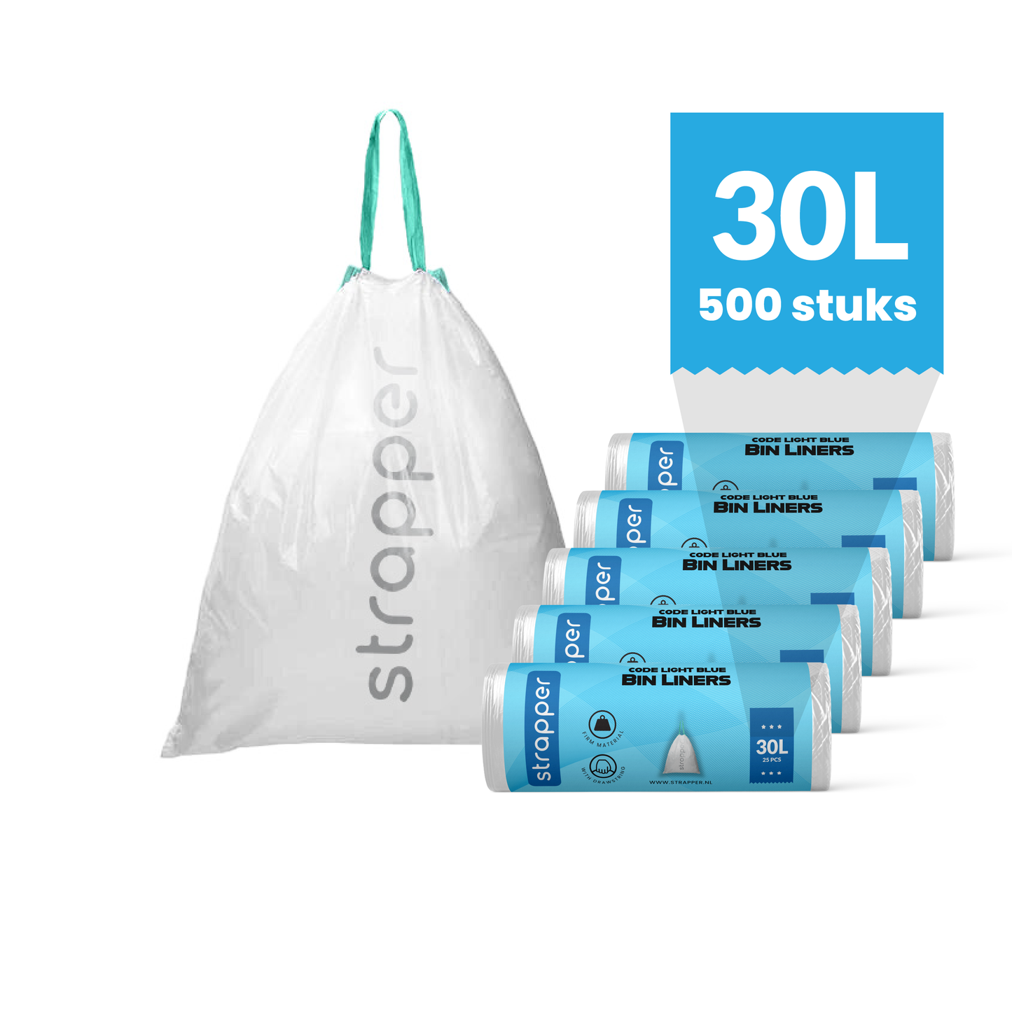 Strapper Müllbeutel Hellblau – Passend für Brabantia und simplehuman – 30 Liter