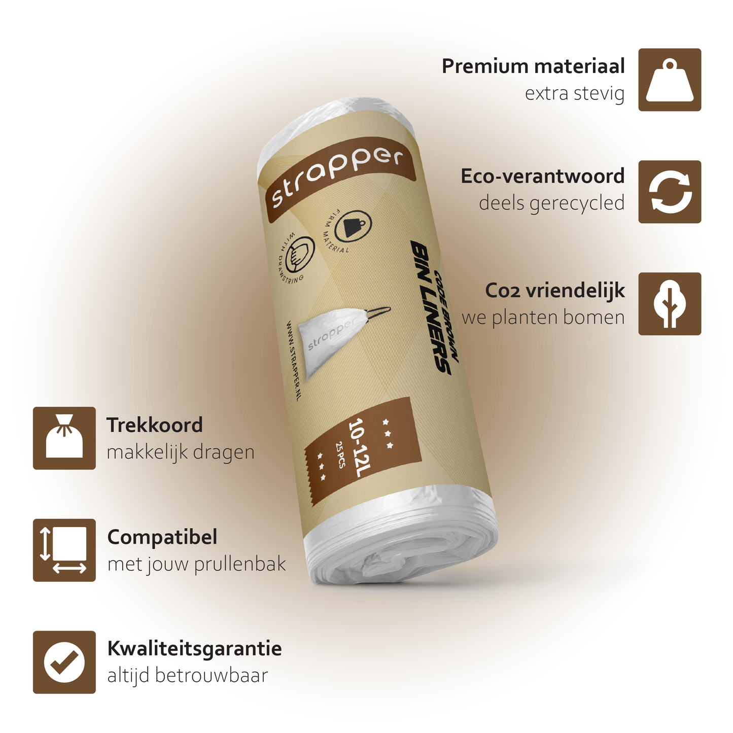 Strapper Müllbeutel Braun – Geeignet für Simplehuman und Brabantia – 10–12 Liter