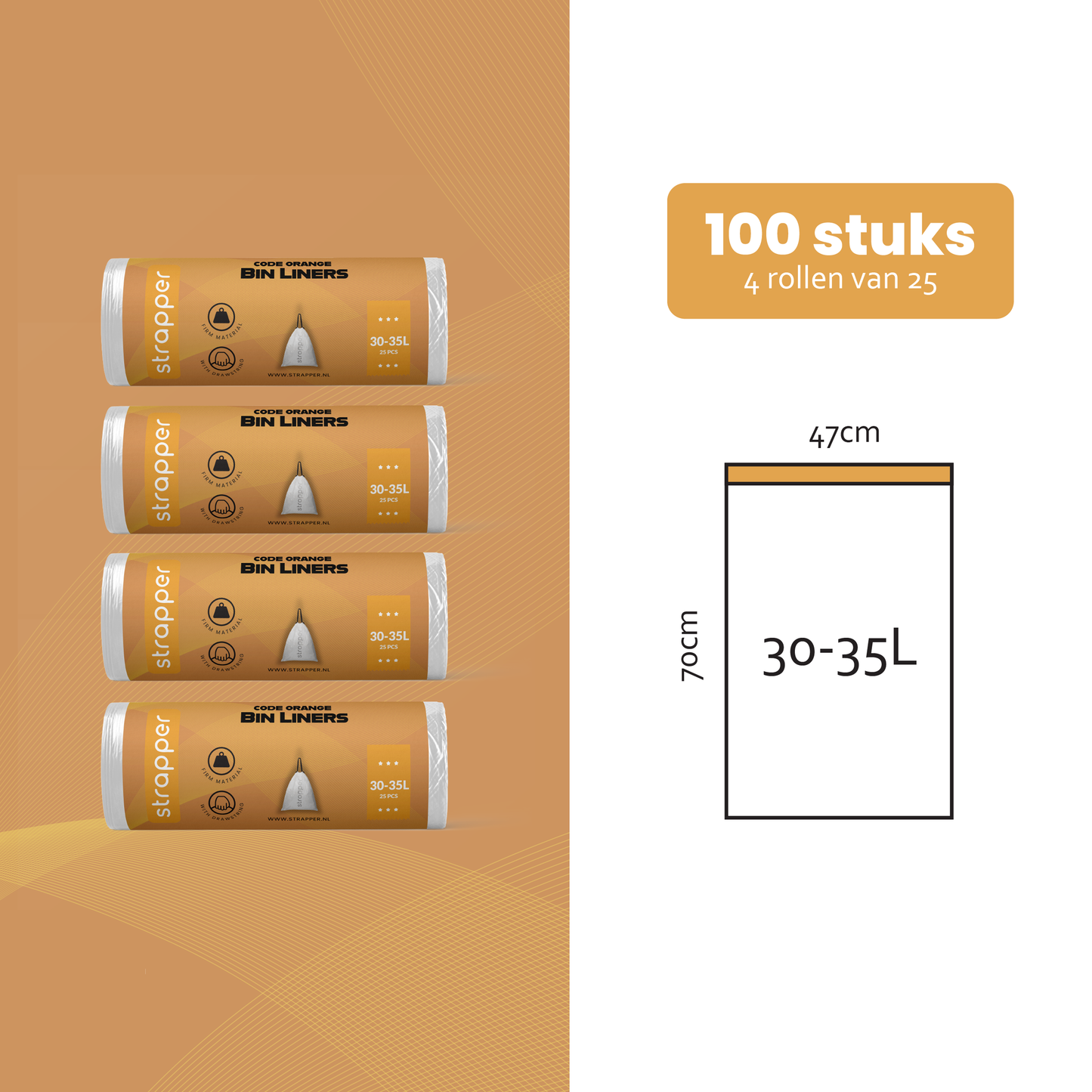 Strapper Müllbeutel Orange – Geeignet für Simplehuman Code H – 30–35 Liter